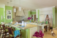 Le style traditionnel est audacieux dans la cuisine où les moulures blanches de la couronne et de la boîte sont compensées par des murs vert feuille animés.