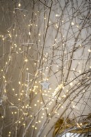 Détail de branches nues couvertes de guirlandes lumineuses et d'étoiles en céramique
