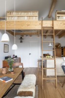 Espace de vie ouvert avec mezzanine en bois