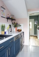 Cuisine moderne avec unités bleues et murs peints en rose