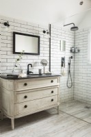Unité en détresse dans une salle de bains moderne de style classique avec cabine de douche