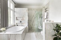 Salle de bains moderne classique avec douche et baignoire en marbre. 