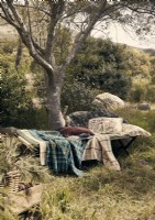 Lit de camp vintage avec coussins et couvertures dans un jardin boisé 