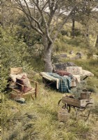 Coin salon rustique avec mobilier vintage dans un jardin boisé 